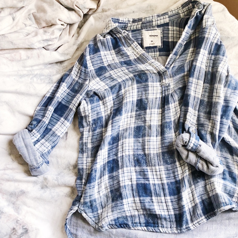 Rolled Sleeve, Blue Flannel, Blouse